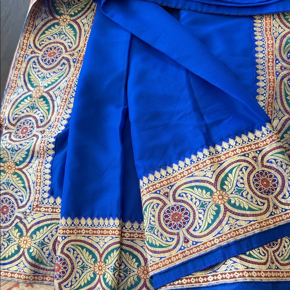 Blue Embroidered Midi Dress with Gold Trim